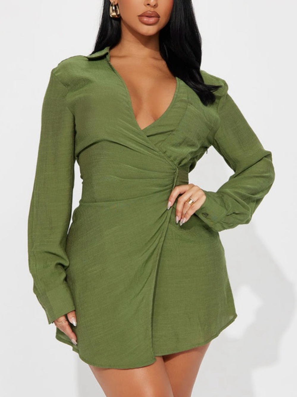 Olive Green Wrap long Sleeve Dress